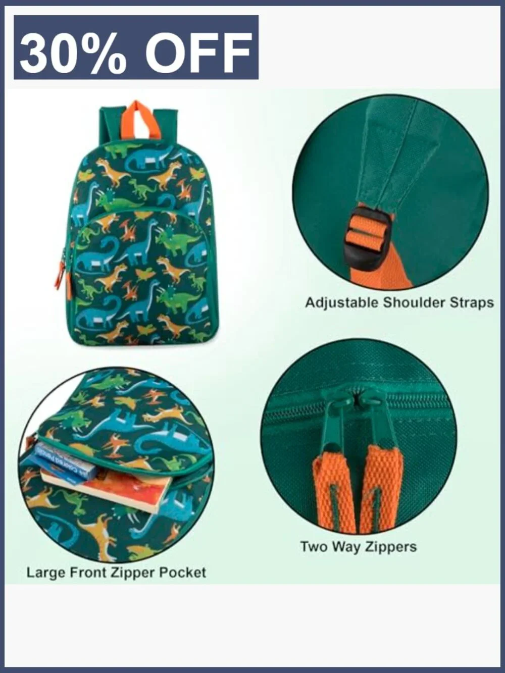 Kids Backpack for Boys Girls Dinosaur Print Adjustable Padded Straps Travel
